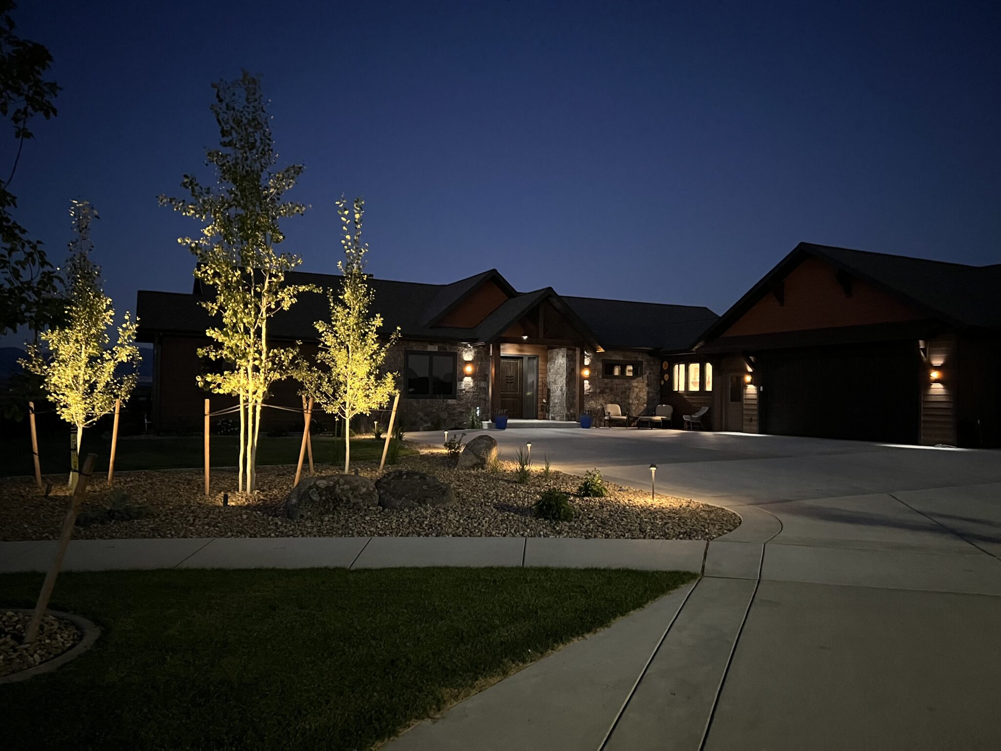 outdoor lighting illuminating residential landscaping